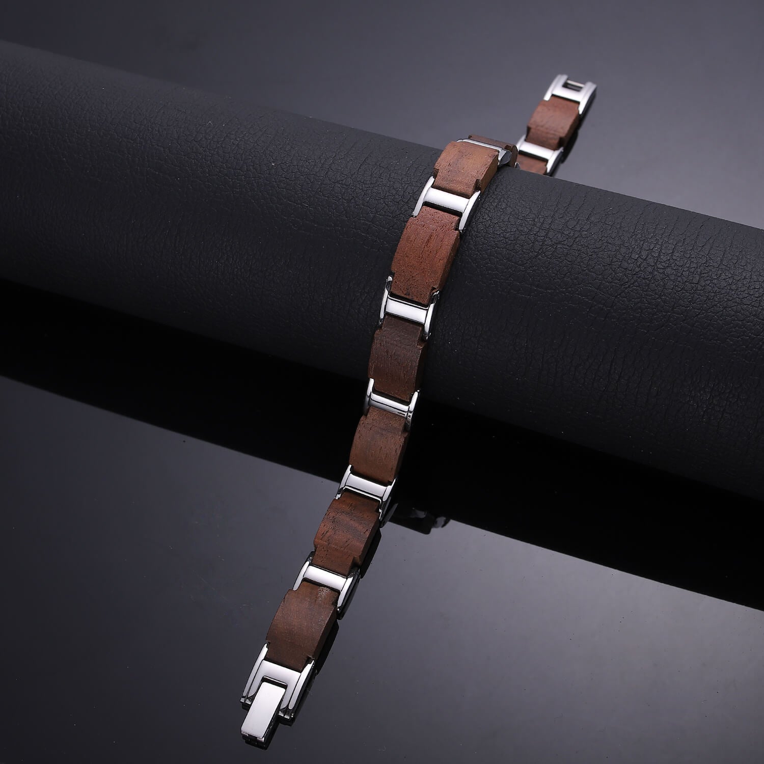 HealthyLine Wood and Stainless Steel Unisex Magnetic Bracelet. Brown & Silver Color. Model WB013