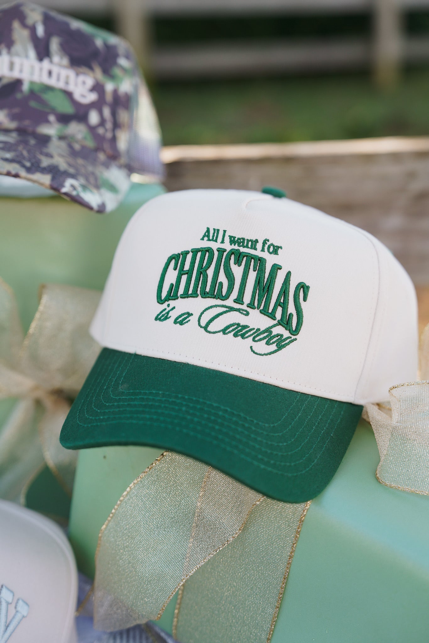 KenzKustomz All I want for Christmas is a Cowboy - Green Vintage Trucker Hat