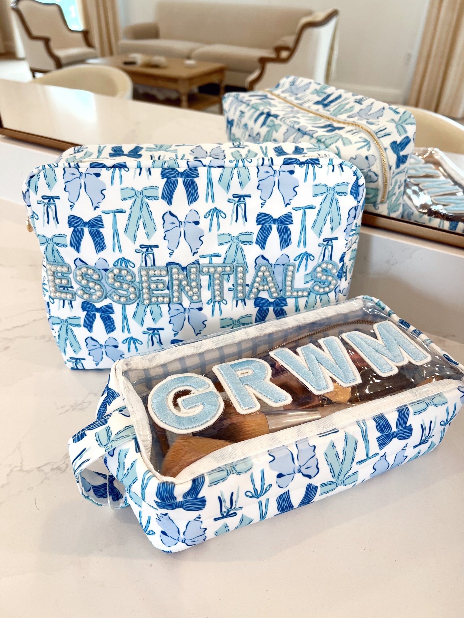 KenzKustomz GRWM - Blue Bows Clear Large Makeup Bag