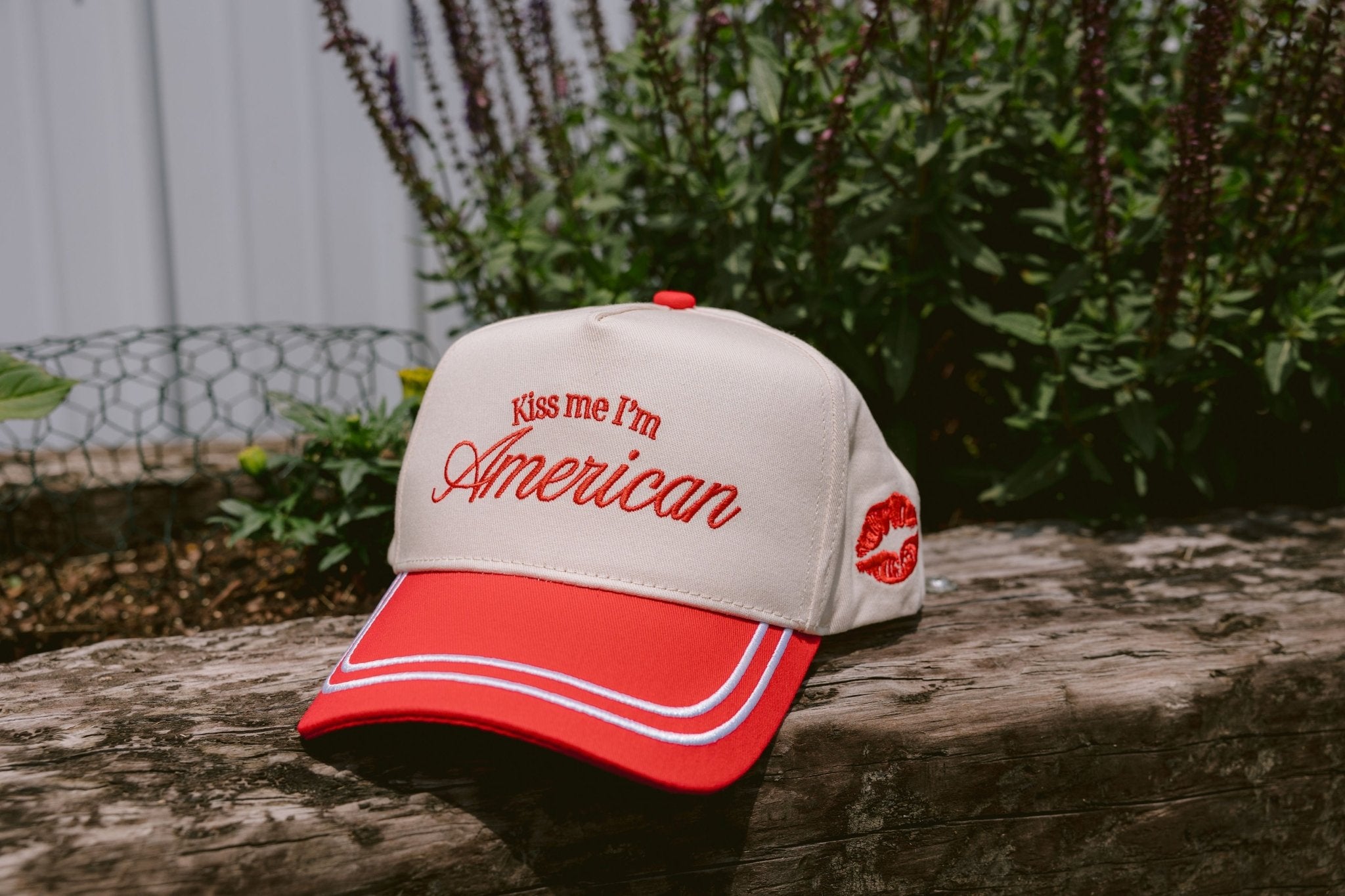 KenzKustomz Kiss me I'm American - Red Vintage Trucker Hat