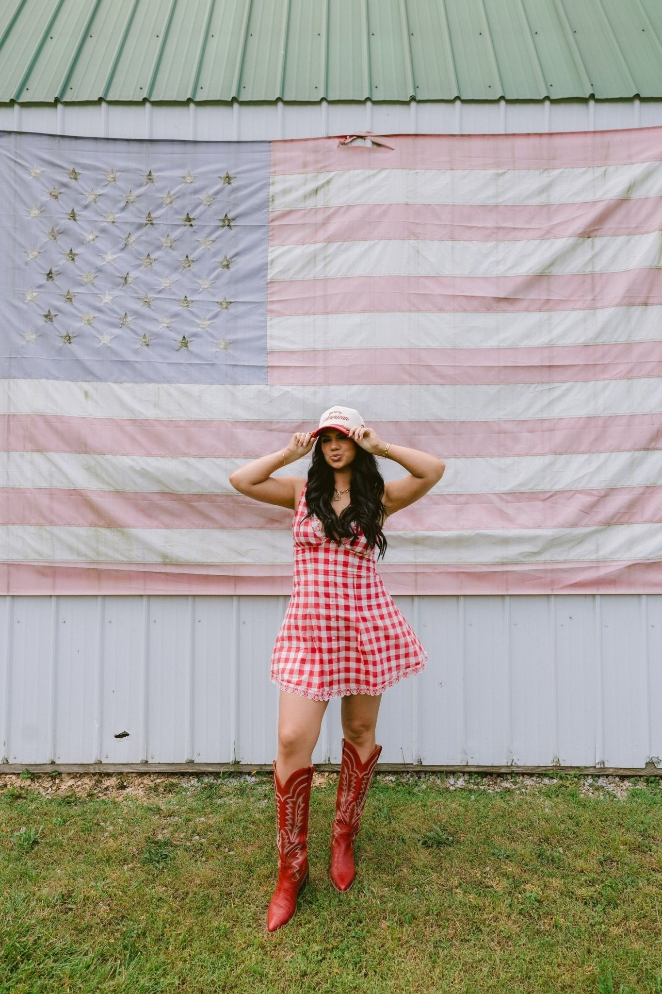 KenzKustomz Kiss me I'm American - Red Vintage Trucker Hat