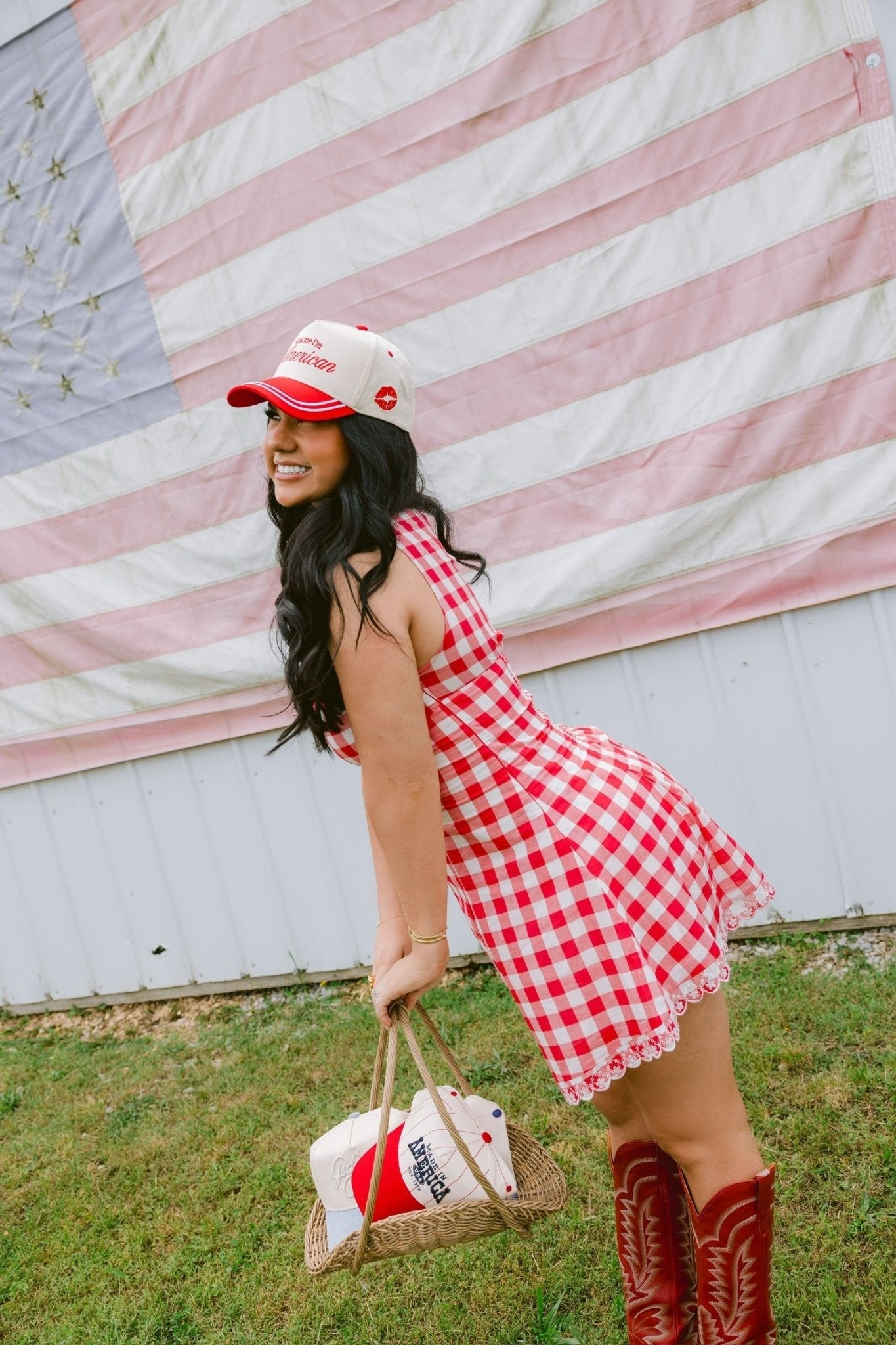 KenzKustomz Kiss me I'm American - Red Vintage Trucker Hat