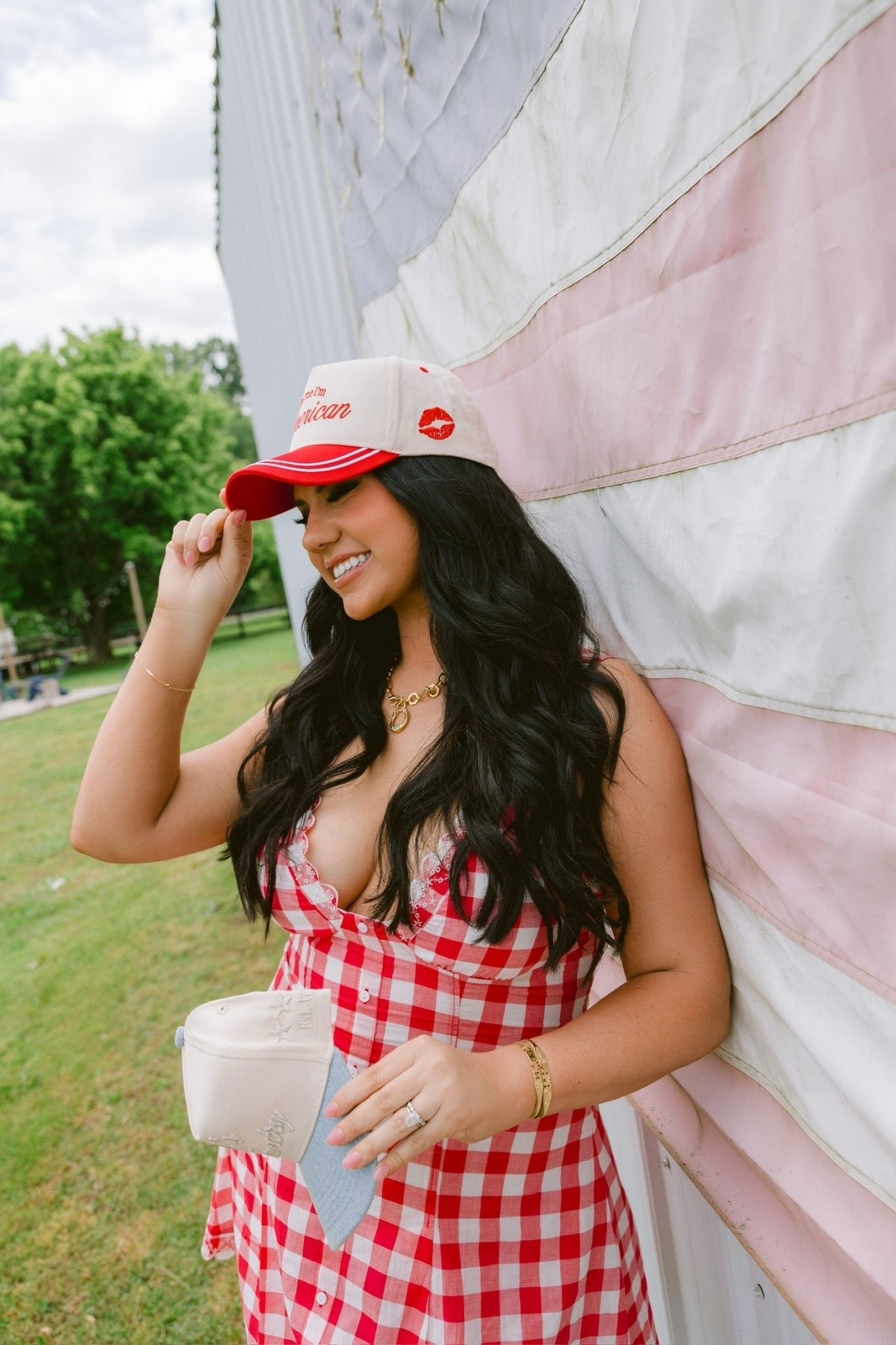 KenzKustomz Kiss me I'm American - Red Vintage Trucker Hat