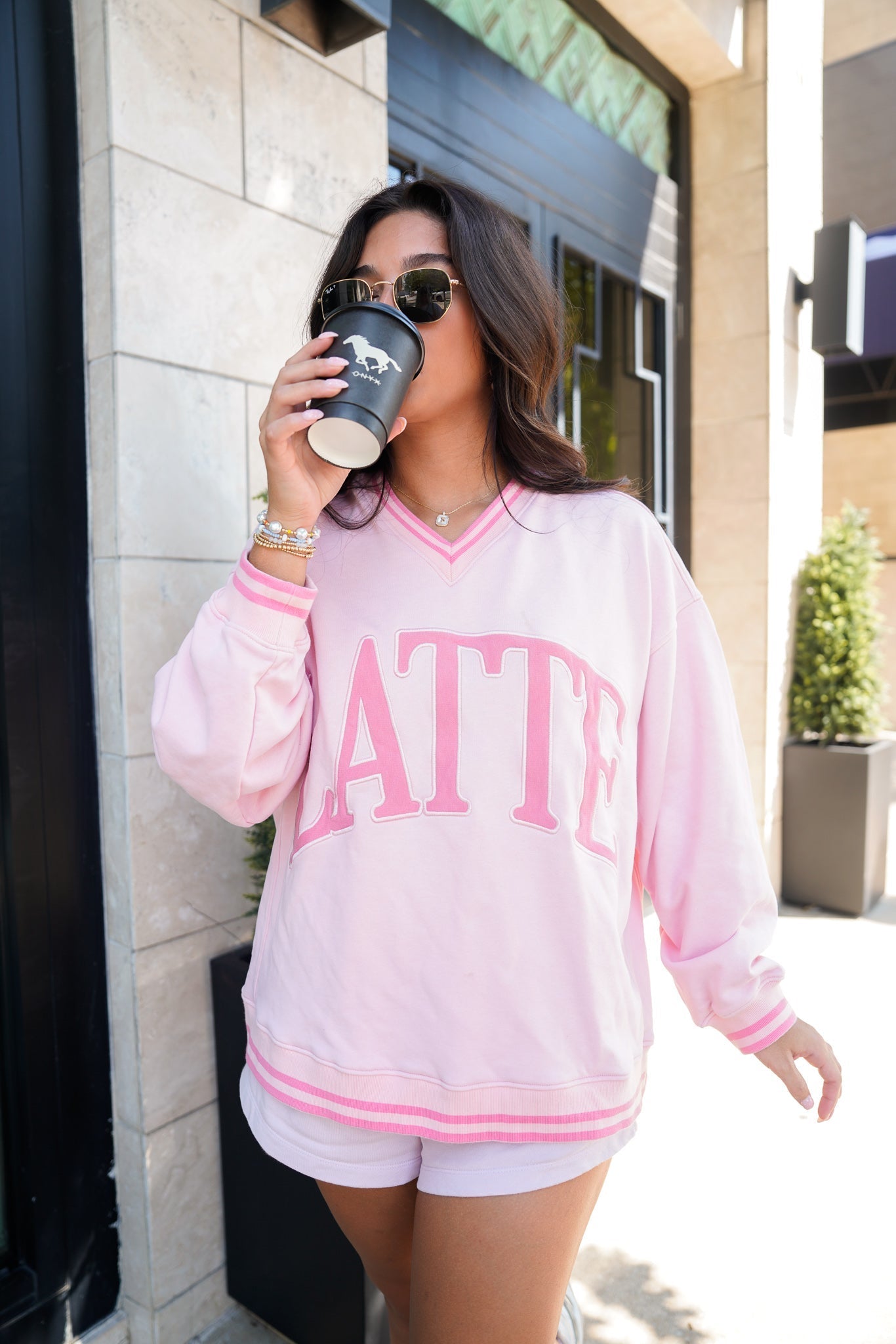 KenzKustomz Latte - Pink Vintage V - Neck Sweatshirt