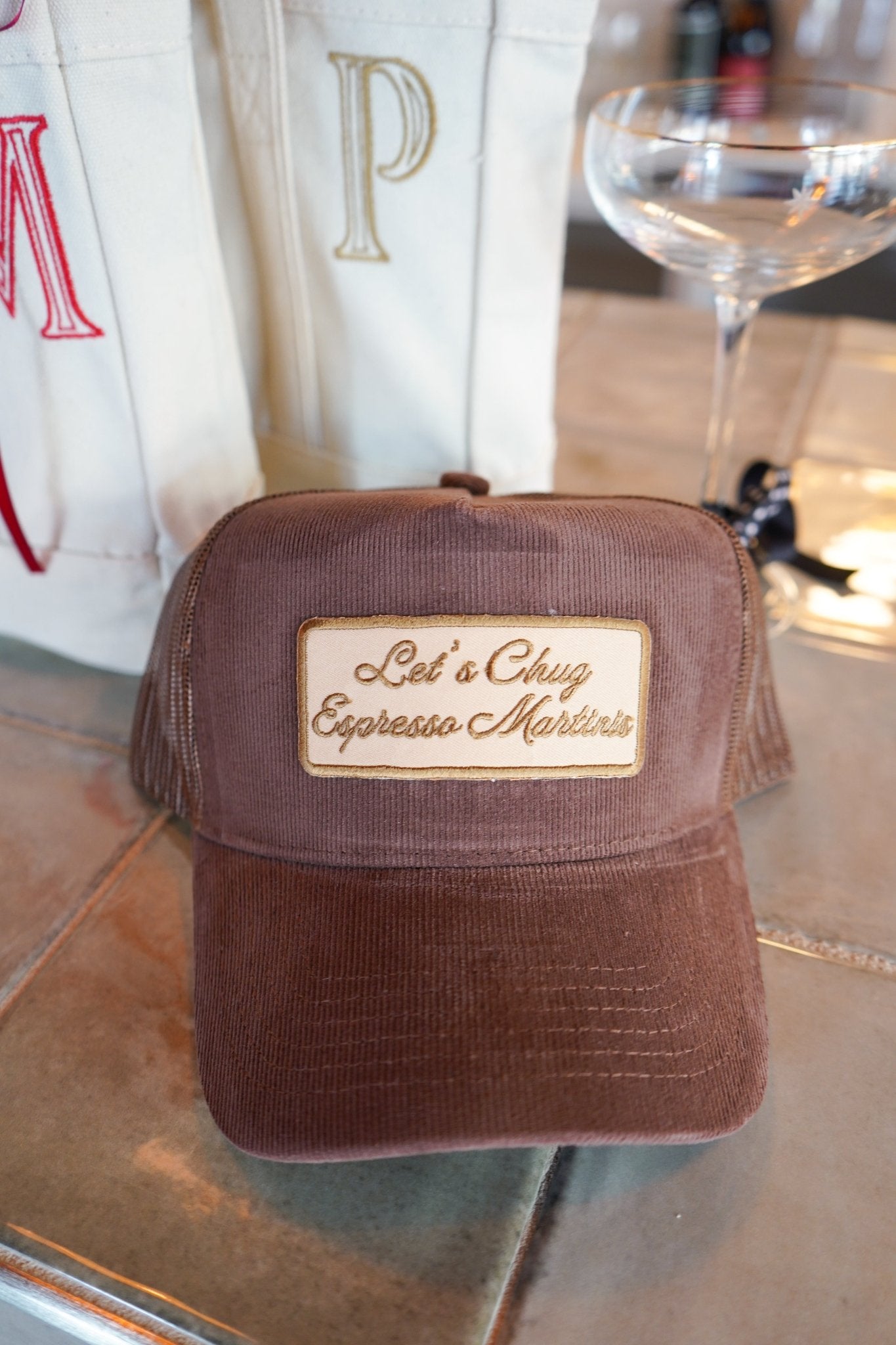 KenzKustomz Let's Chug Espresso Martinis - Brown Corduroy Trucker Hat