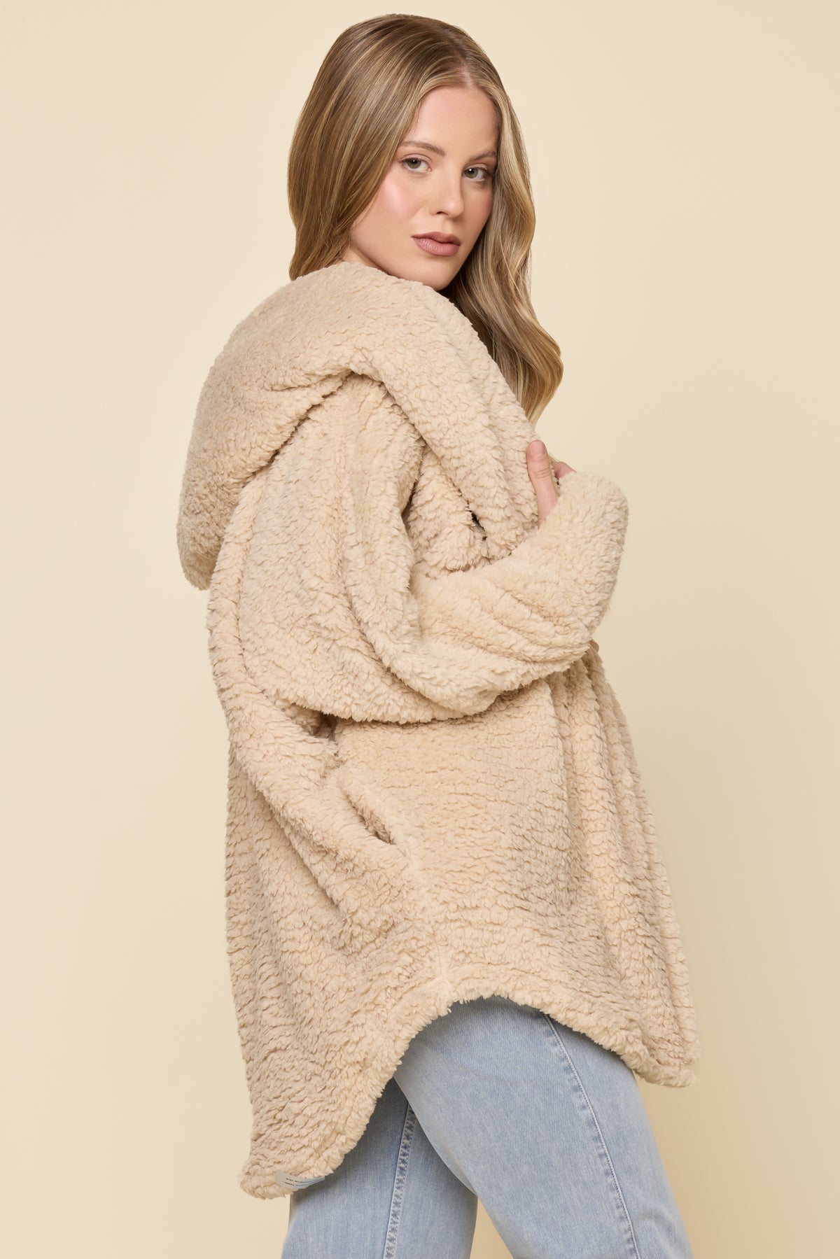 POPFLEX® Faux Sherpa Cocoon Coat - Taupe