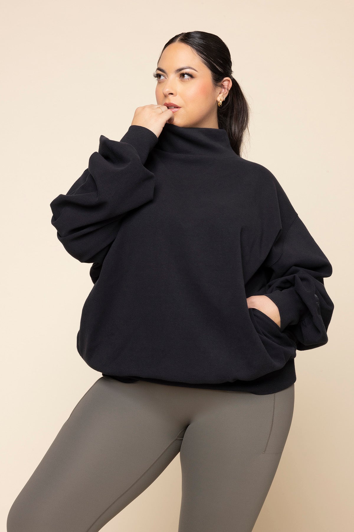 POPFLEX® Ooey Gooey Mockneck Sweatshirt with Pockets - Black