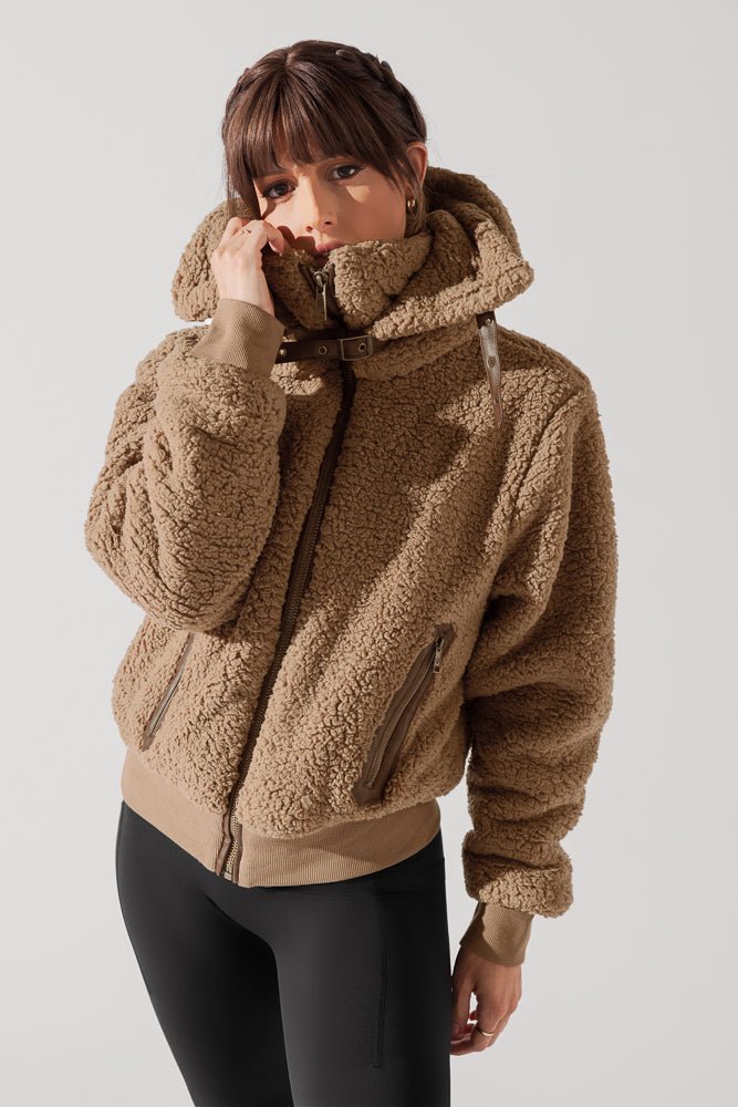 POPFLEX® The Kinsley Bomber Jacket in Faux Sherpa - Teddy Bear Brown