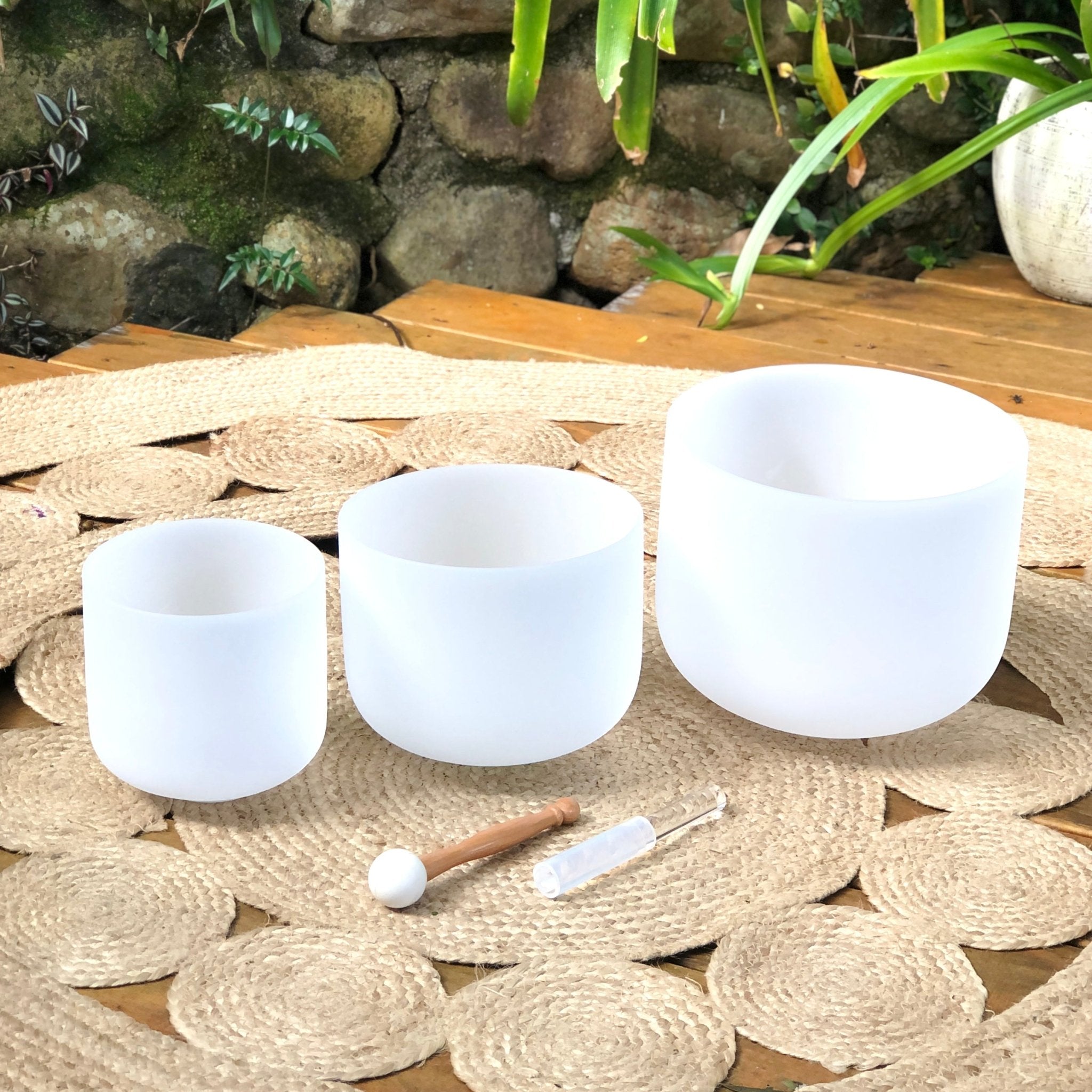 Rainbow Sounds USA Set of 3 White Sound Therapy Bowls in Beige Case