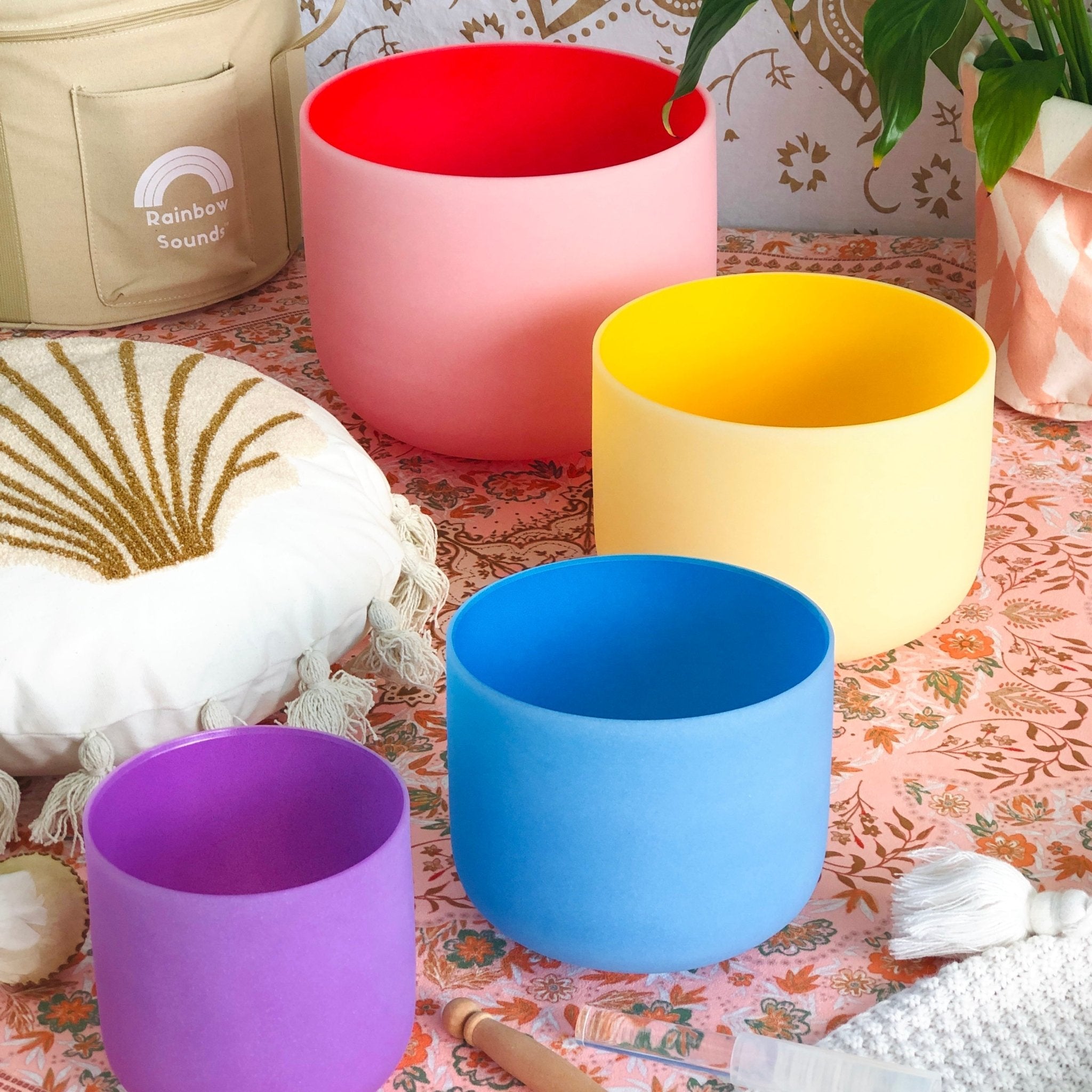 Rainbow Sounds USA Set of 4 Rainbow Color Sound Therapy Bowls in Beige Carry - On Case