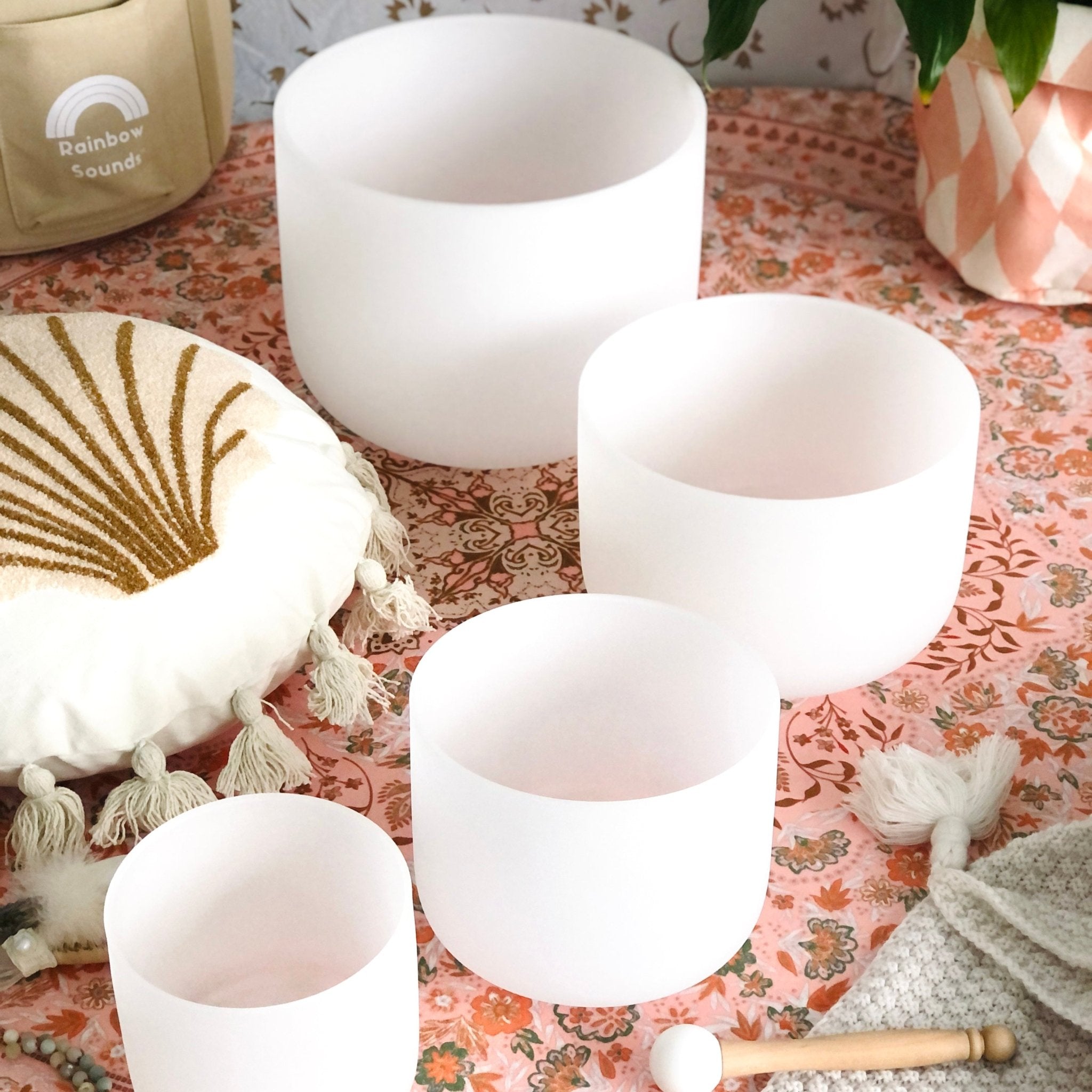 Rainbow Sounds USA Set of 4 White Sound Therapy Bowls in Beige Carry Case