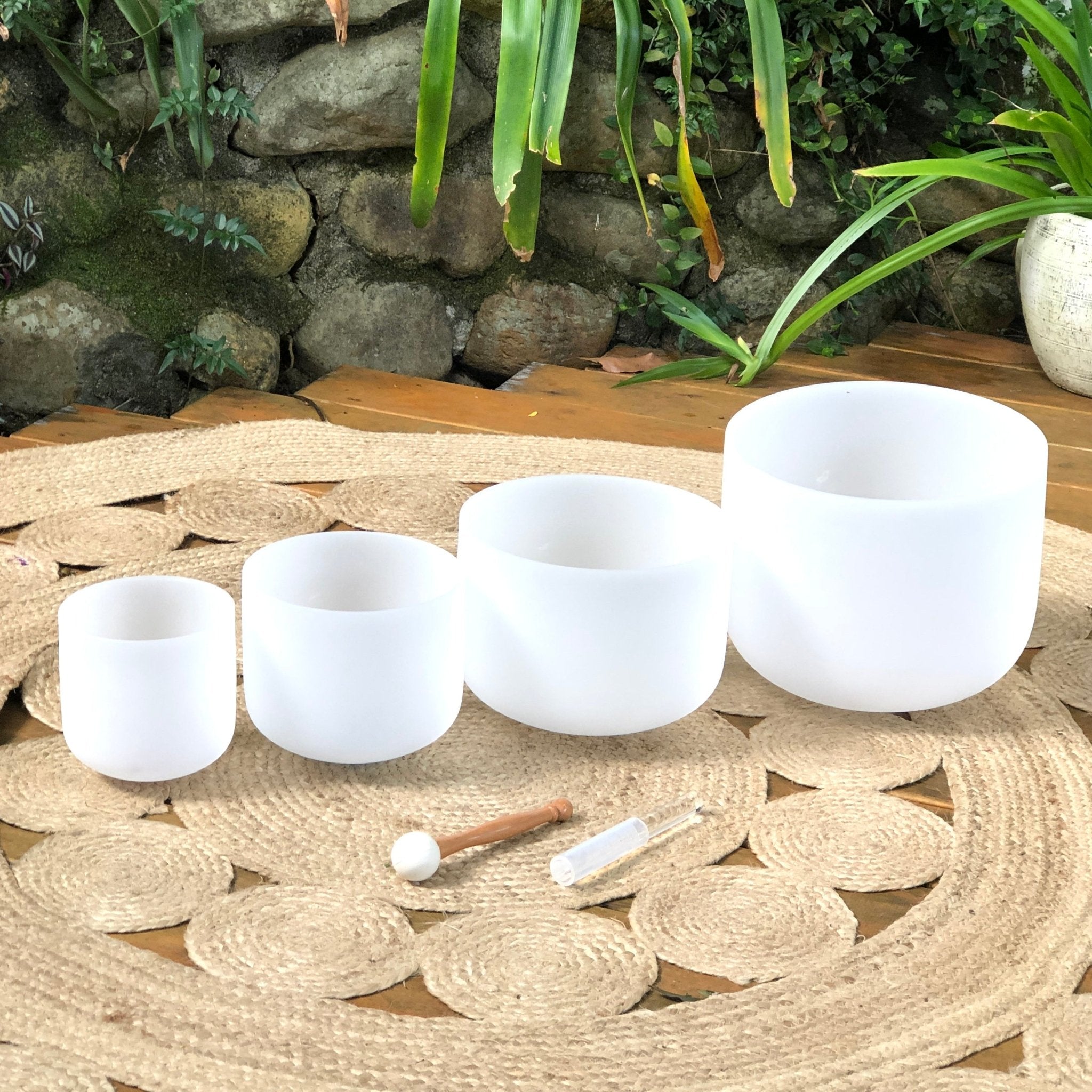 Rainbow Sounds USA Set of 4 White Sound Therapy Bowls in Beige Carry Case