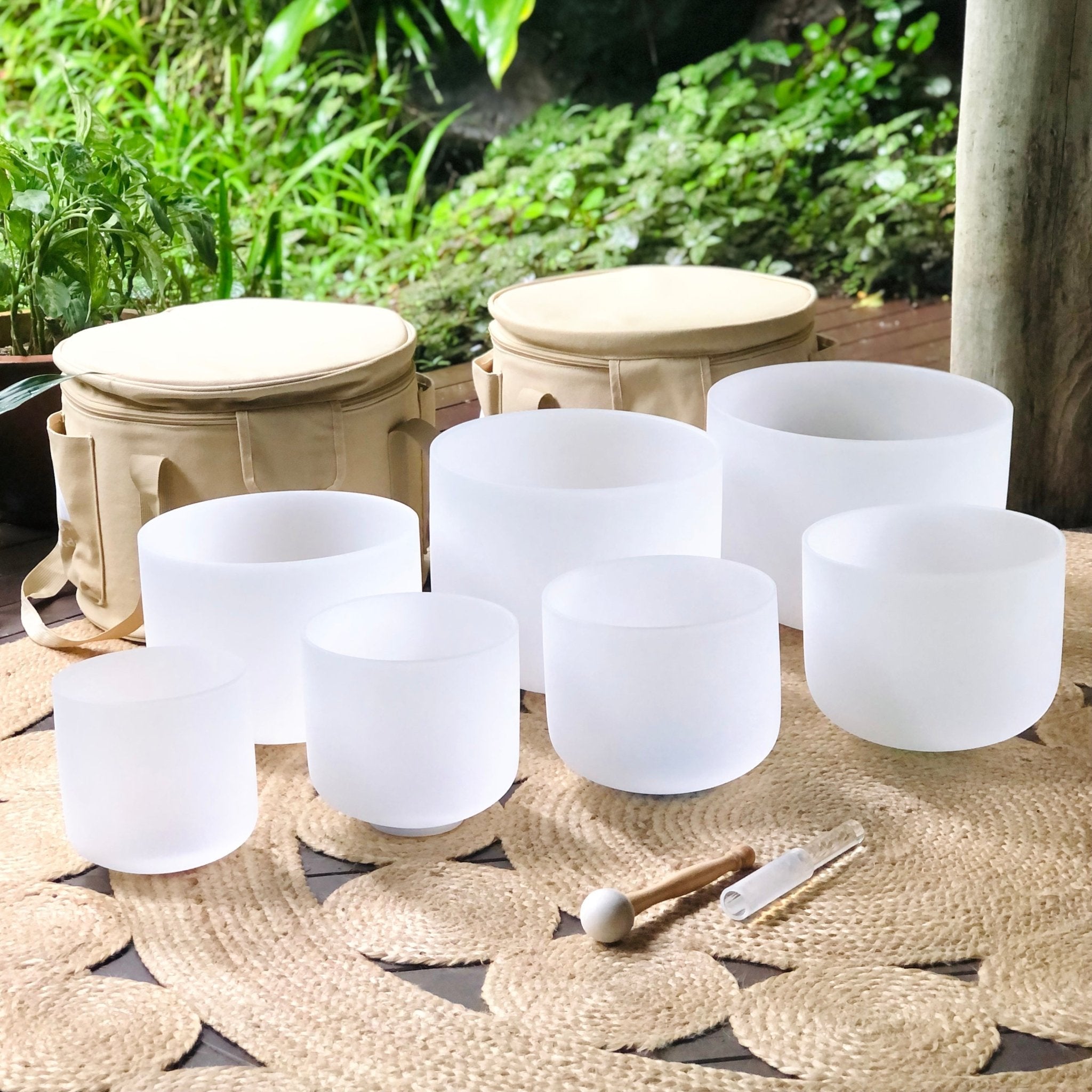 Rainbow Sounds USA Set of 7 White Sound Therapy Bowls in Beige Carry - On Cases