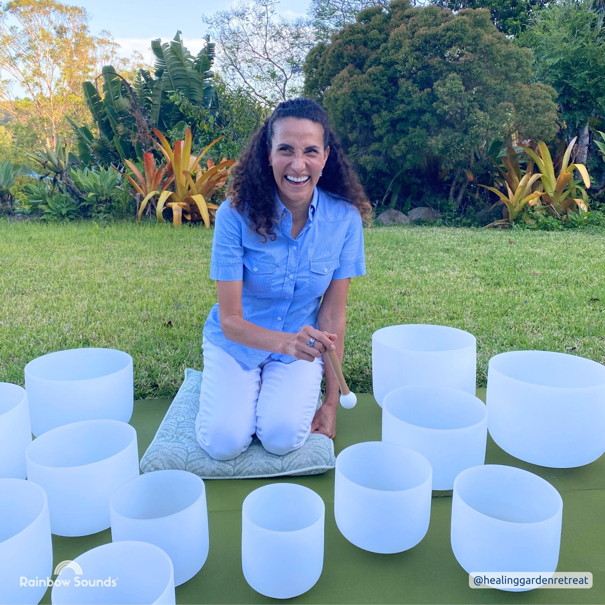 Rainbow Sounds USA Set of 9 White Sound Therapy Bowls in Beige Carry - On Cases