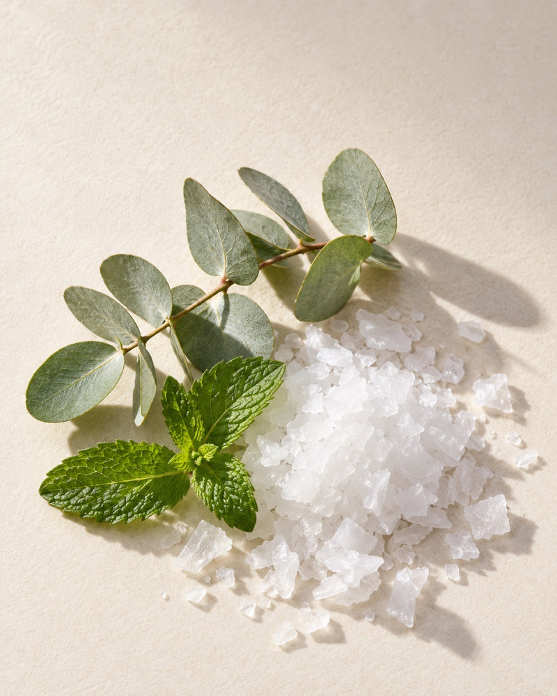 Eucalyptus and mint leaves beside Rapha Blends magnesium flakes