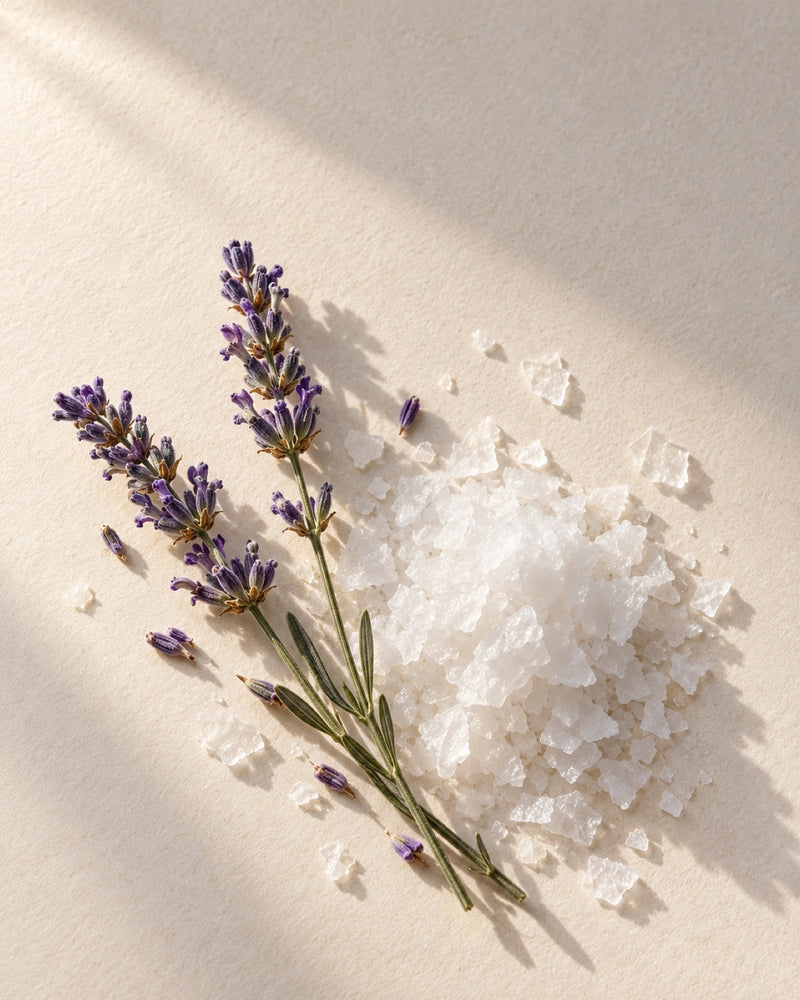Lavender sprigs beside Rapha Blends magnesium flakes
