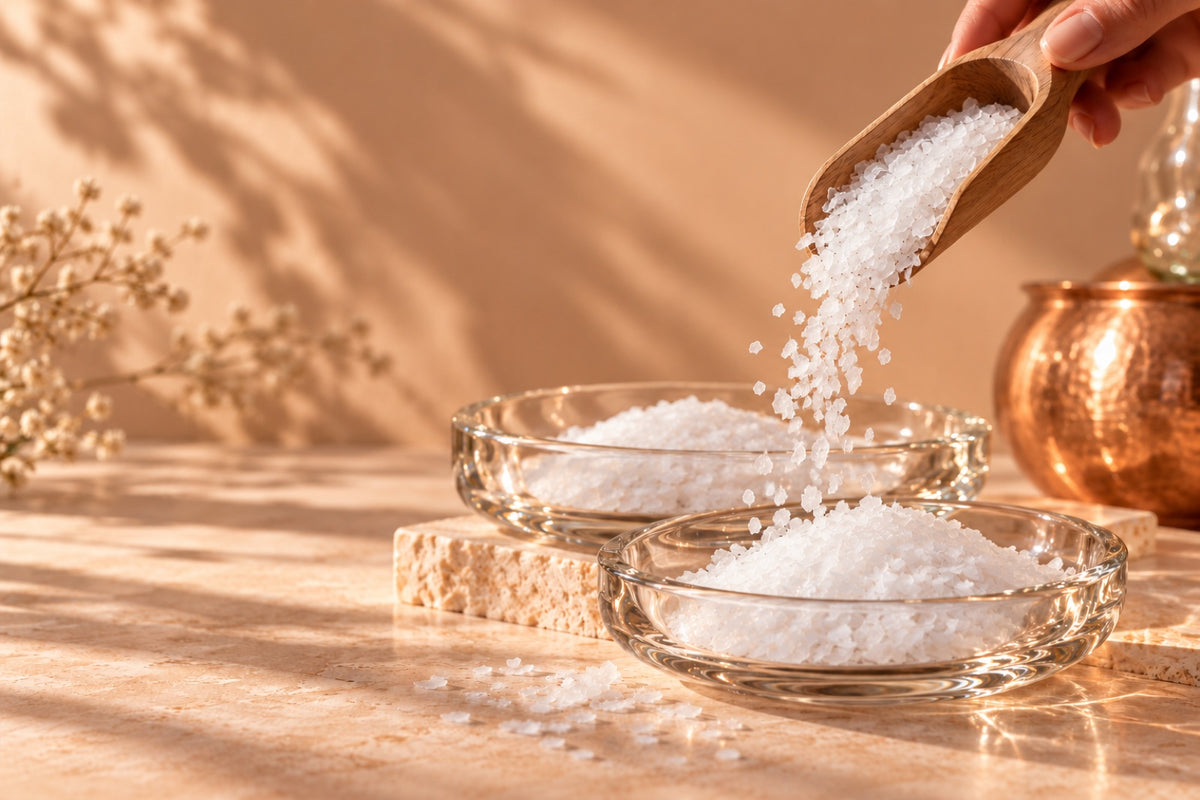 Rapha Blends Dead Sea magnesium flakes poured from a wooden scoop into glass dishes