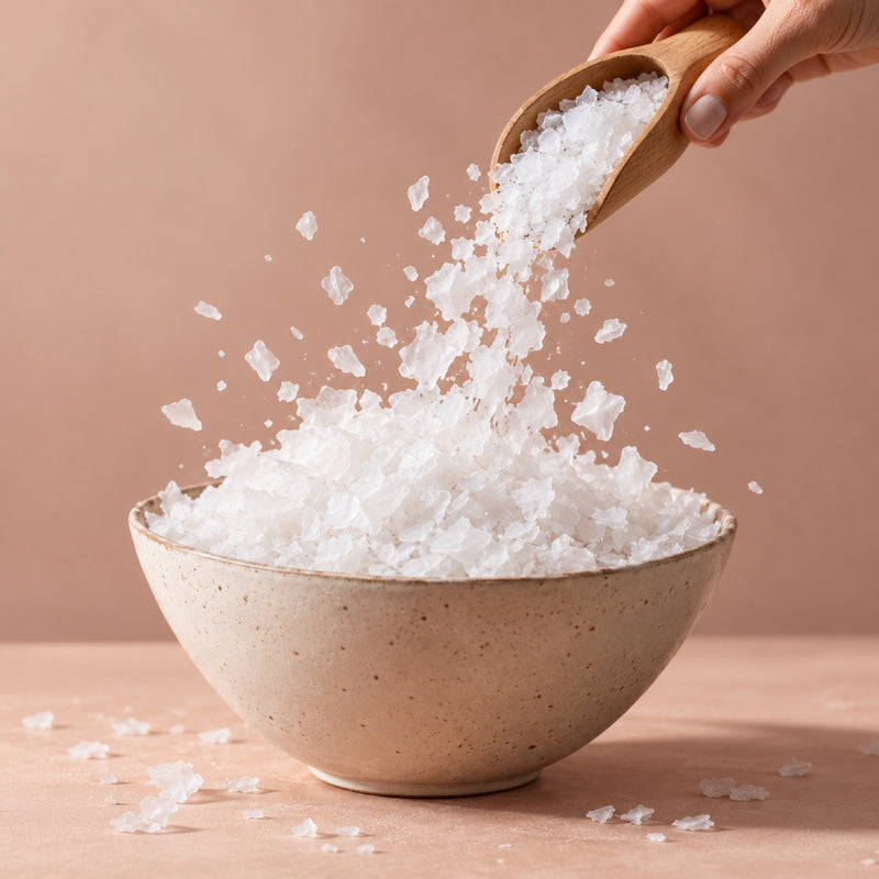 Rapha Blends unscented Dead Sea magnesium flakes poured into a ceramic bowl