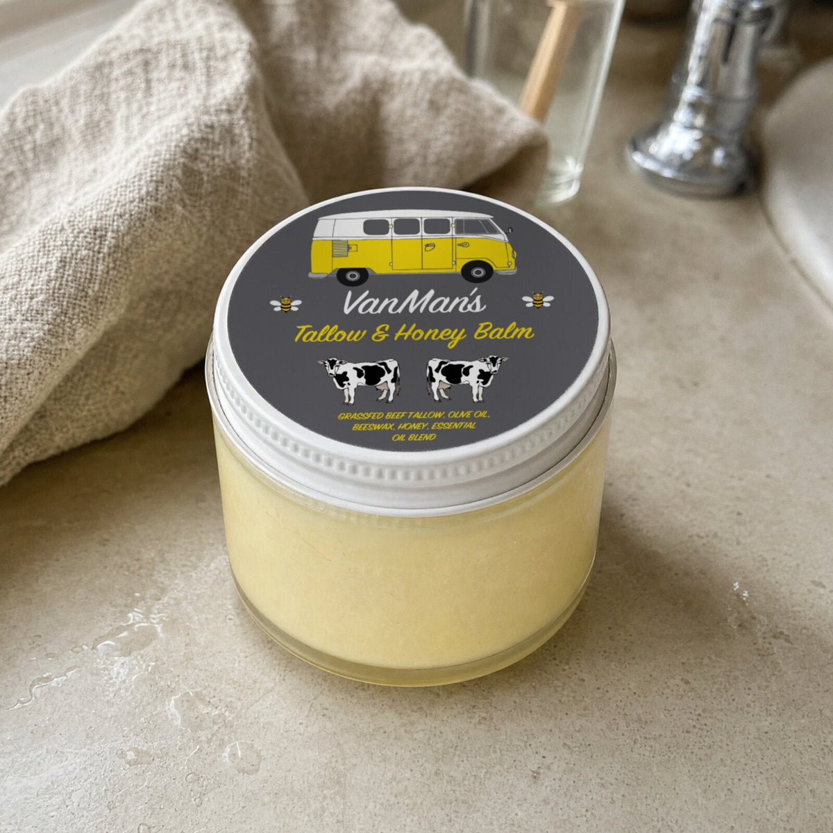 VanMan's Tallow & Honey Face Balm Classic on a marble bathroom sink