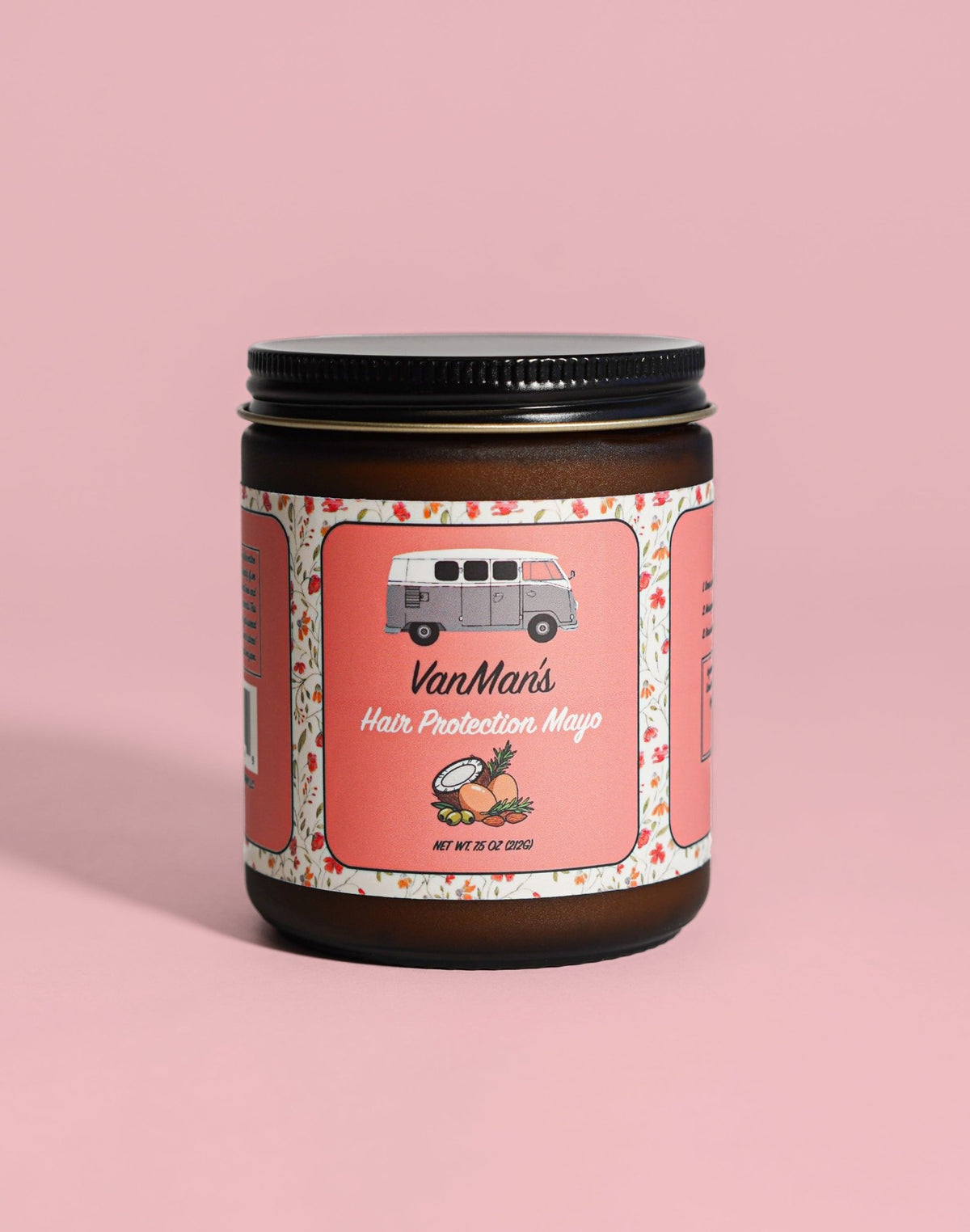 VanMan's Hair Protection Mayo, 7 oz amber jar on a pink background