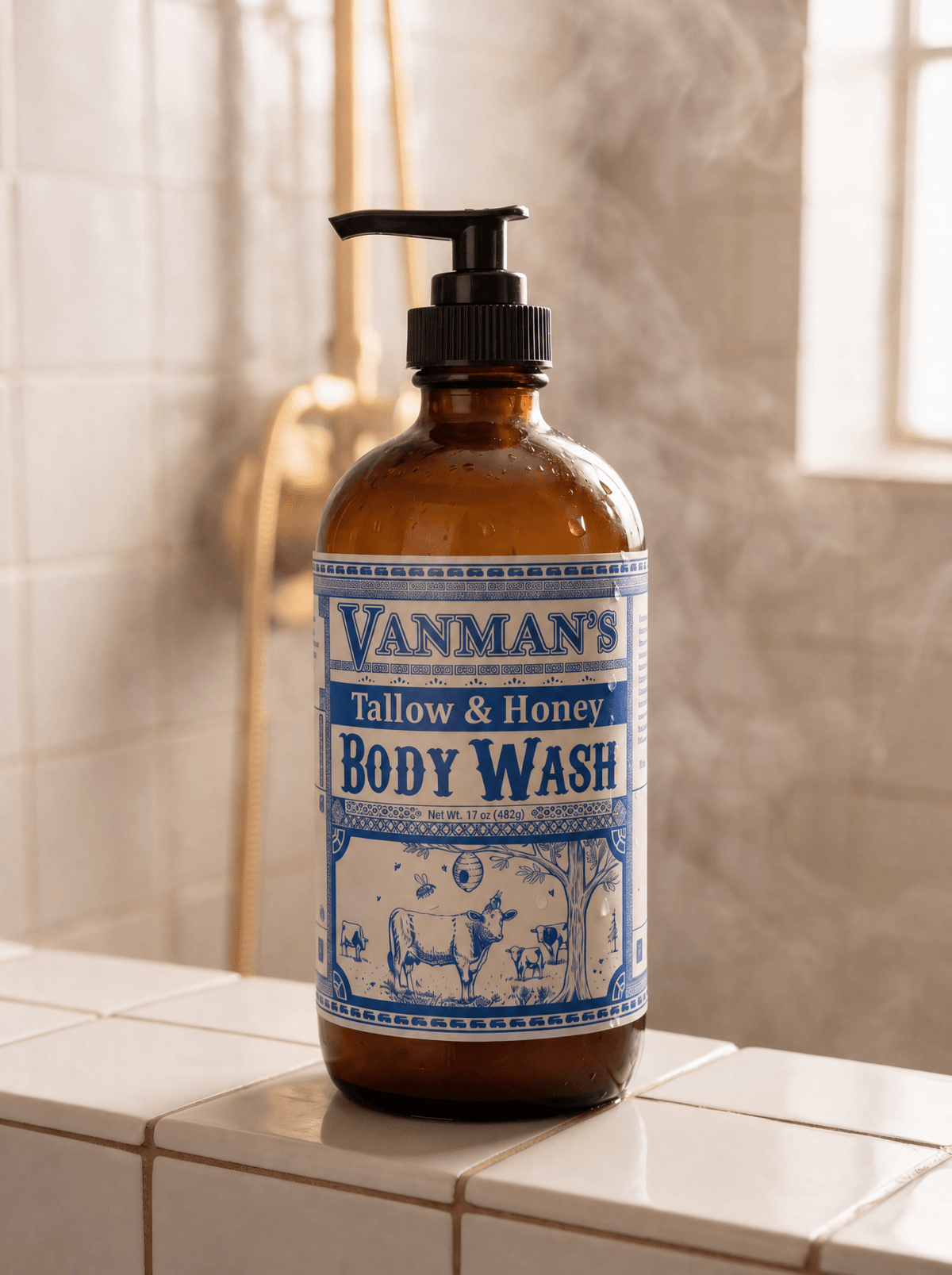 VanMan's Tallow & Honey Body Wash on a shower ledge