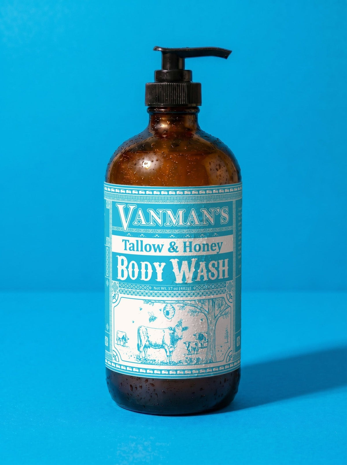 VanMan's Tallow & Honey Body Wash, 16 oz pump bottle with light blue label