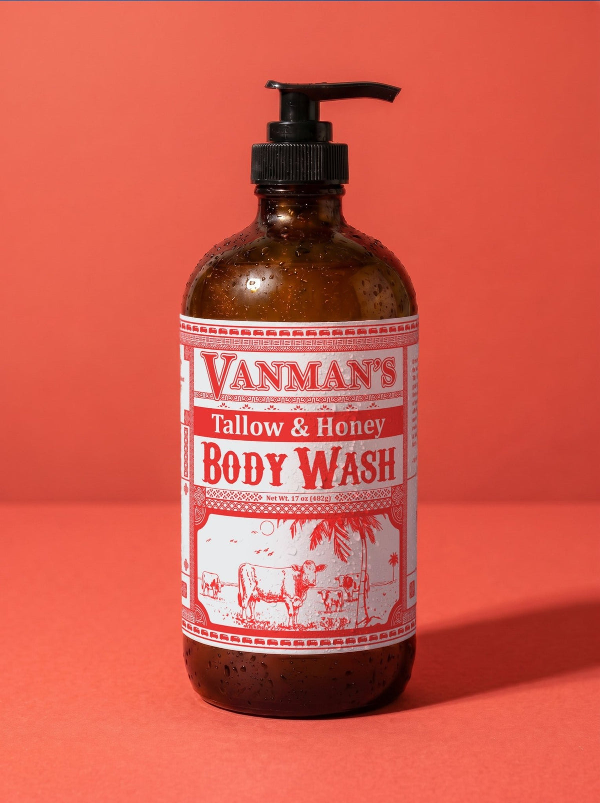 VanMan's Tallow & Honey Body Wash, 16 oz pump bottle with red label