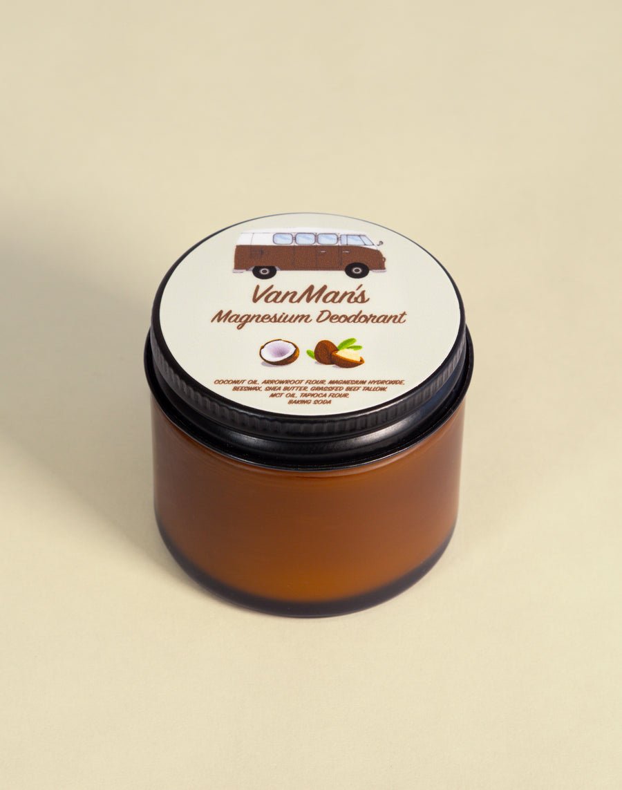 VanMan's Magnesium Deodorant in an amber glass jar