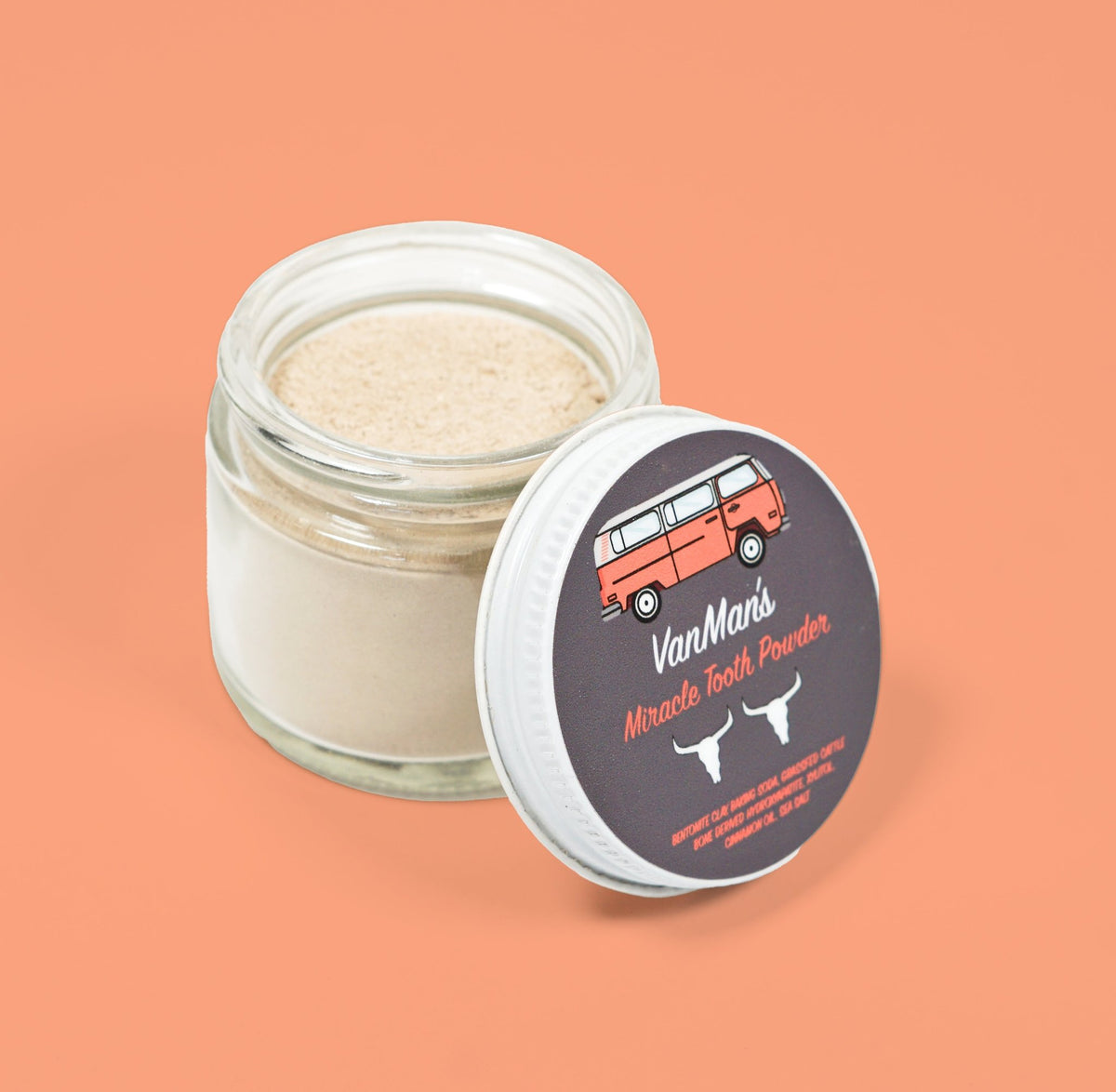 VanMan's Miracle Tooth Powder Cinna-Bone, open jar showing the powder