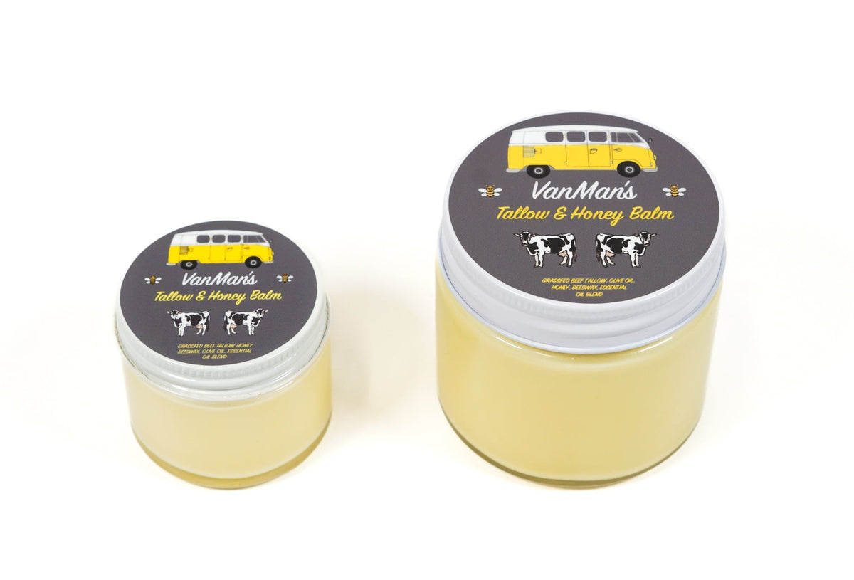 VanMan's Jumbo 6 oz Tallow & Honey Balm next to the regular size